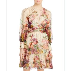 Kobi Halperin Pauline Dress Size Large Beige Floral Metallic Overlay Semi Sheer